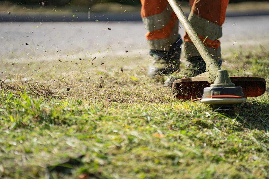 Weed eating and edging along a clean driveway