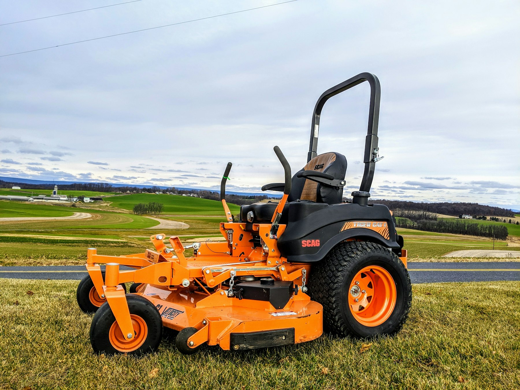 Zero-turn mower on a freshly cut Florida lawn